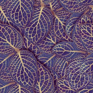 Clusters of three purple leaves with the veins clearly outlined in metallic gold. The leaf clusters are overlapped and stacked on top of one another, each one casting a shadow on those below, for many layers, so no background is visible. There is a faint watermark in the bottom right corner that says Kella Hanna-Wayne & Co.