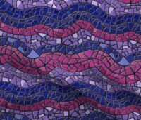 A repeat pattern of mosaic tiles in a series of colorful waves. The tiles are stripes matching the bisexual pride flag, blue, purple, and magenta, and the textured grout is black. This design is being demoed on a rippling piece of fabric.
