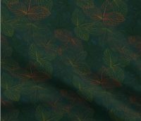 A repeat pattern of stamp art of the veins from a cluster of three leaves, in varying shades of green, yellow, orange, and turquoise. The clusters of leaves overlap only slightly and are facing in all different directions. The stamps are on a dark green background. The pattern is demoed on a piece of rippling fabric.