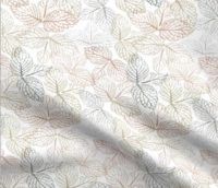 A repeat pattern of stamp art of the veins from a cluster of three leaves, in varying shades of beige, rust, grey, and sage. The clusters of leaves overlap only slightly and are facing in all different directions. The stamps are on a white background. The pattern is demoed on a piece of rippling fabric.