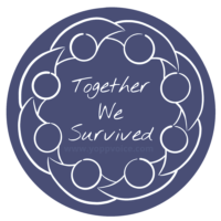 An abstract line drawing of a circle of people with joined arms surrounding the hand written words Together We Survived in white on a dark blue circle.
